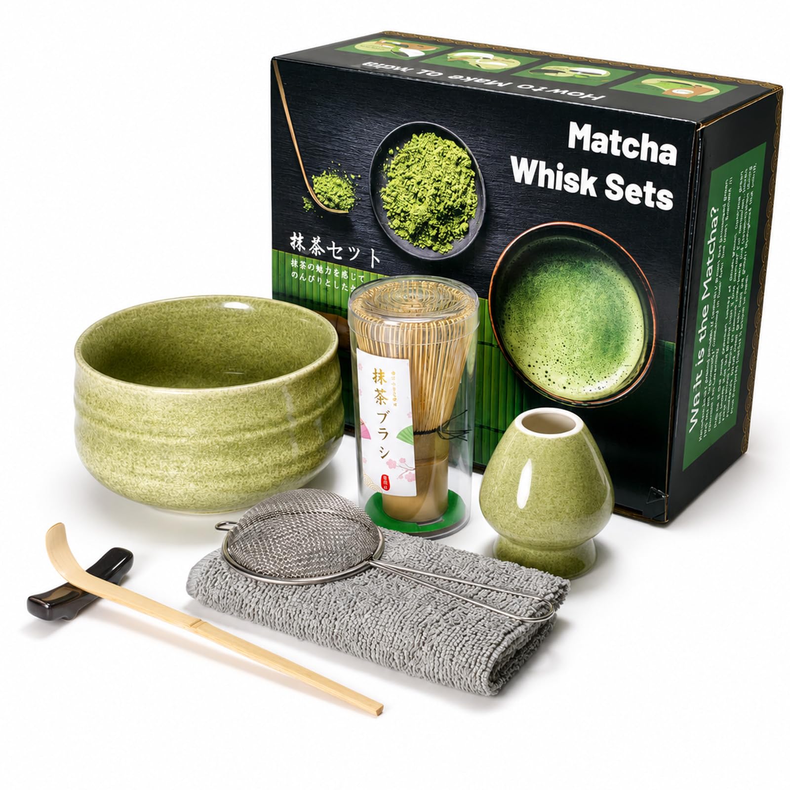 Lafefe 7pcs Ceramic Matcha Kit with Flat-Rimmed Bowl, Green