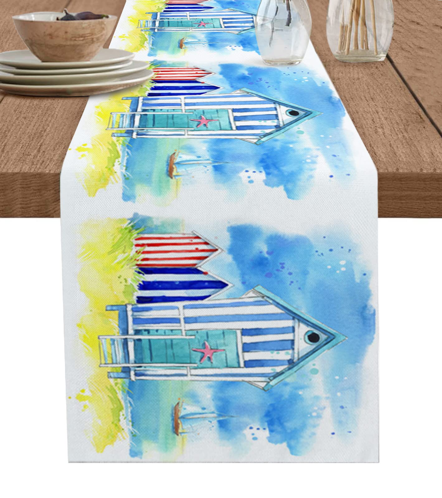 LBDEKOR Cotton Linen Table Runner 90 inch Long, Beach House Surfboard Non-Slip Dining Table Runners Dresser Scarves for Kitchen Holiday Party Farmhouse Tabletop Decor Watercolor Summer Painting