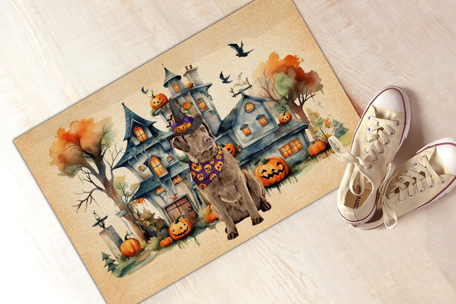 Halloween Dog Doormat Chesapeake Bay Retriever Door Mat Farmhouse Pumpkin Welcome Mats Fall Thanksgiving Seasonal Holiday Home Rug Indoor Outdoor Decor Entrance Housewarming Gifts for Dogs Lovers