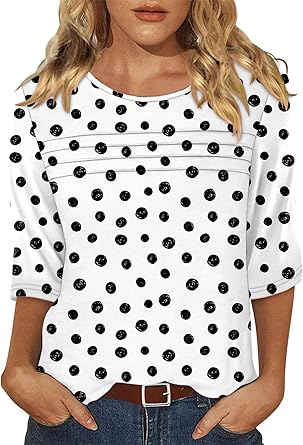 KISSMODA Women's Casual 3/4 Sleeve T-Shirts Round Neck Cute Tunic Tops Basic/Pleated Summer Tops Trendy Spring Blouses
