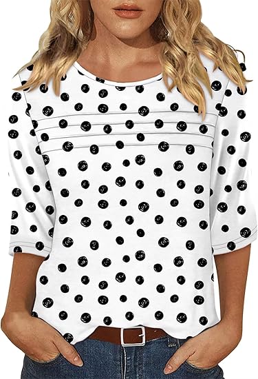 KISSMODA Women's Casual 3/4 Sleeve T-Shirts Round Neck Cute Tunic Tops Basic/Pleated Summer Tops Trendy Spring Blouses