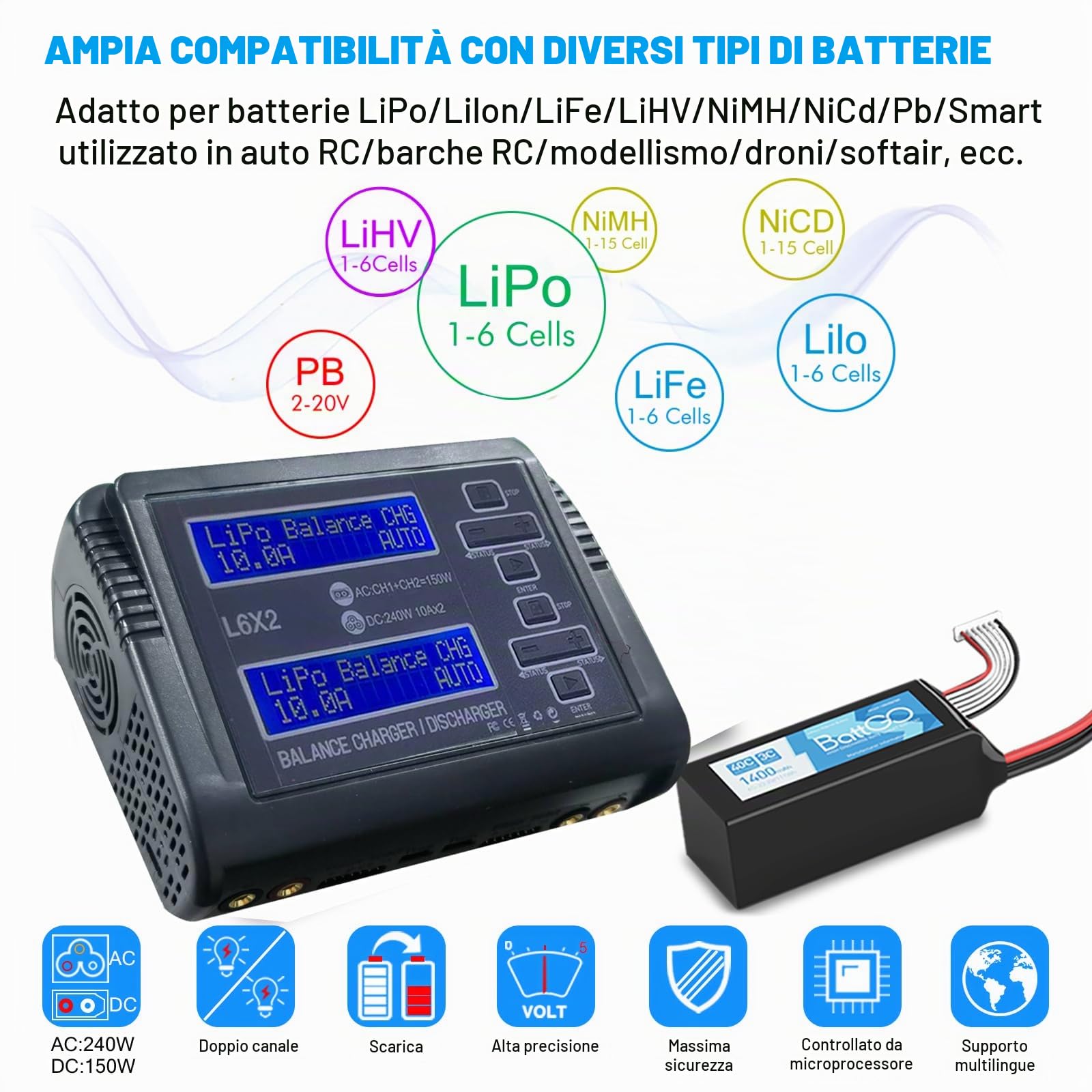 Caricatore di bilanciamento della Batteria Lipo Caricatore RC Ingresso CA/CC Due Porte di Ricarica Potenza di Ricarica Regolabile Compatibile con batterie LiPo 1-6S per Drone per Auto RC 1/10