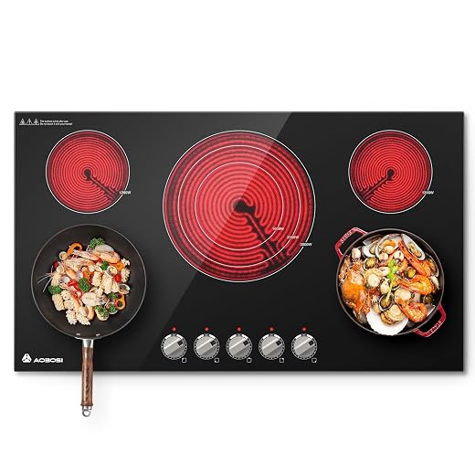 AAOBOSI 36 Inch Electric Cooktop, 5 Burner 9000W Built-In Ceramic Stove Top with Knob Controls, 9 Heat Levels, Child Lock and Timer, 220-240V Hardwired, ETL&FCC, No Plug
