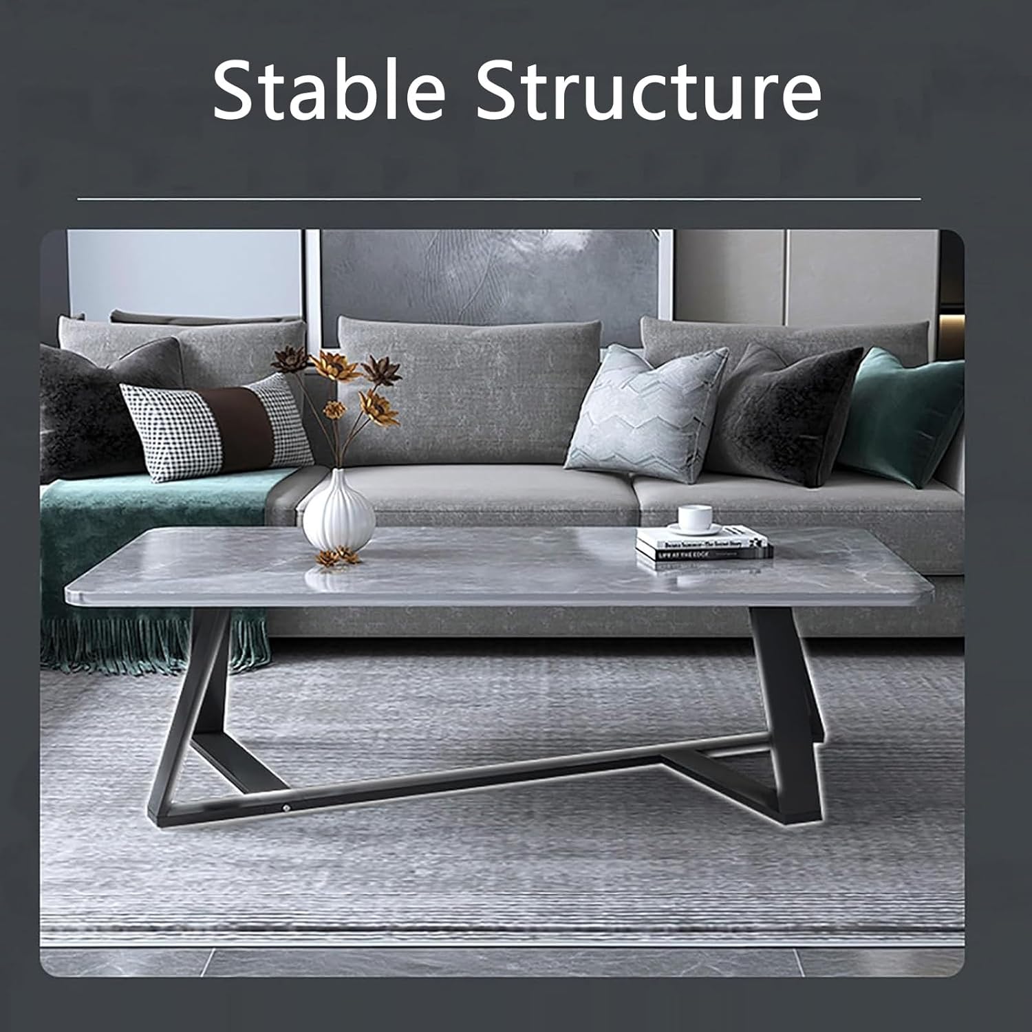 ミッドセンチュリーモダン長方形コーヒーテーブル、ブラックメタル脚付き大理石コーヒーテーブル、リビングルームダイニングルーム書斎用の1
