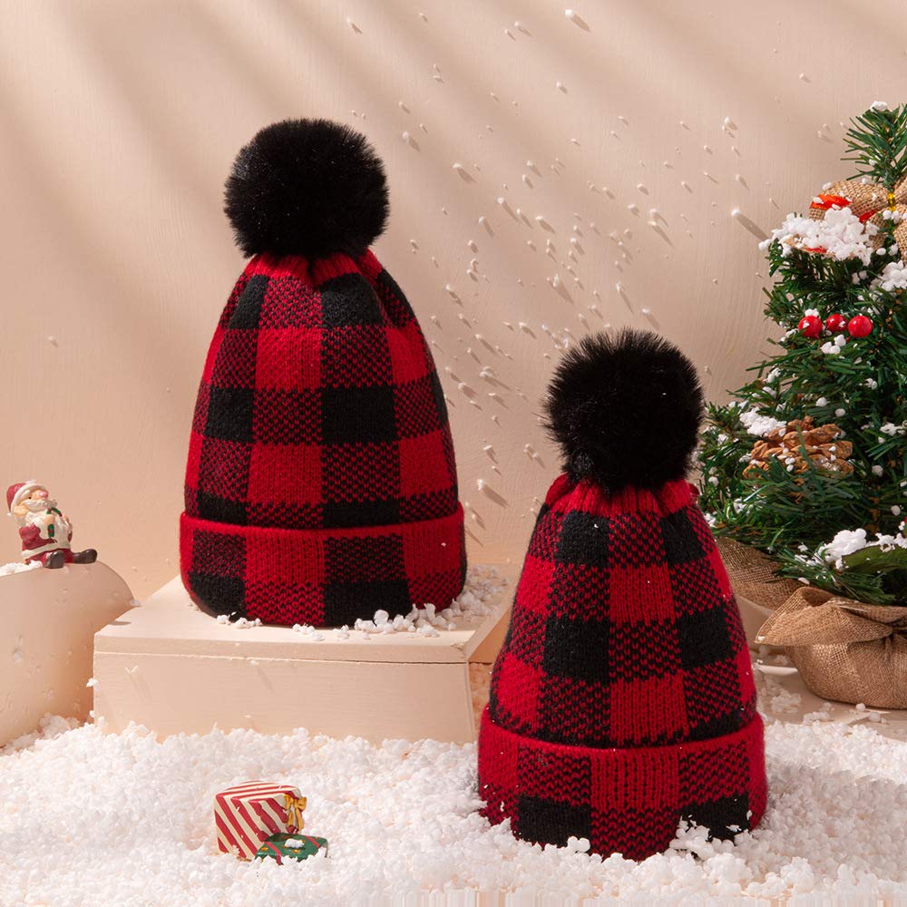FYBITBO Newborn Baby Knit Beanie Hat with Pompom Winter Hat Warm Woolen Cap for Parent-Child Hat (0-3 Months,Black Red Plaid Knit Beanie Hat)