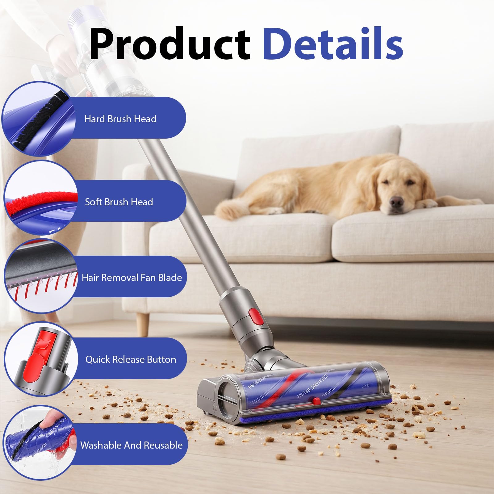 Cepillo Motorizado Compatible con Dyson V7/ V8/ V10/ V11/ V15,Cabezal Direct Drive con Liberacion Rapida,Boquilla Turbina para Aspiradora,para Suelos Duros Alfombras y Limpieza del Hogar (A)