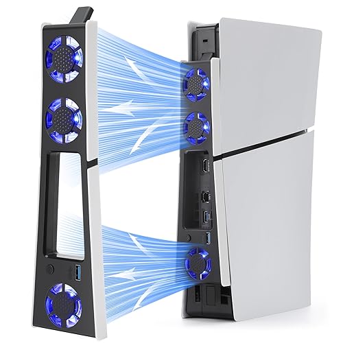 Quiet Cooling Fan Station for PS5 Slim with Blue Light & USB 3.0 Hub, 2-Level Speed Cooling Stand Accessories for PS5 Console Slim,3 fans Digital