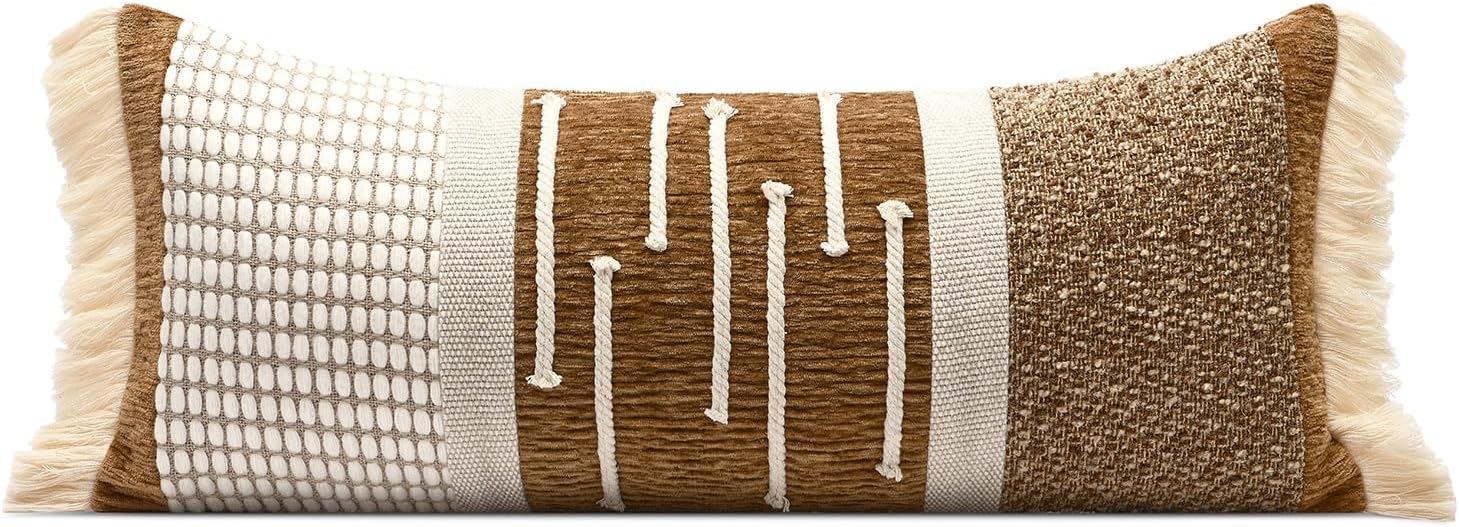 Decorative Lumbar Pillow Cover 12x28, Handwoven Boho Long Body Pillow for Bed Farmhouse Lumbar Throw Pillow, Cotton Linen Tassel Cushion Case for Sofa, Living Room, Bedroom(Light Brown)