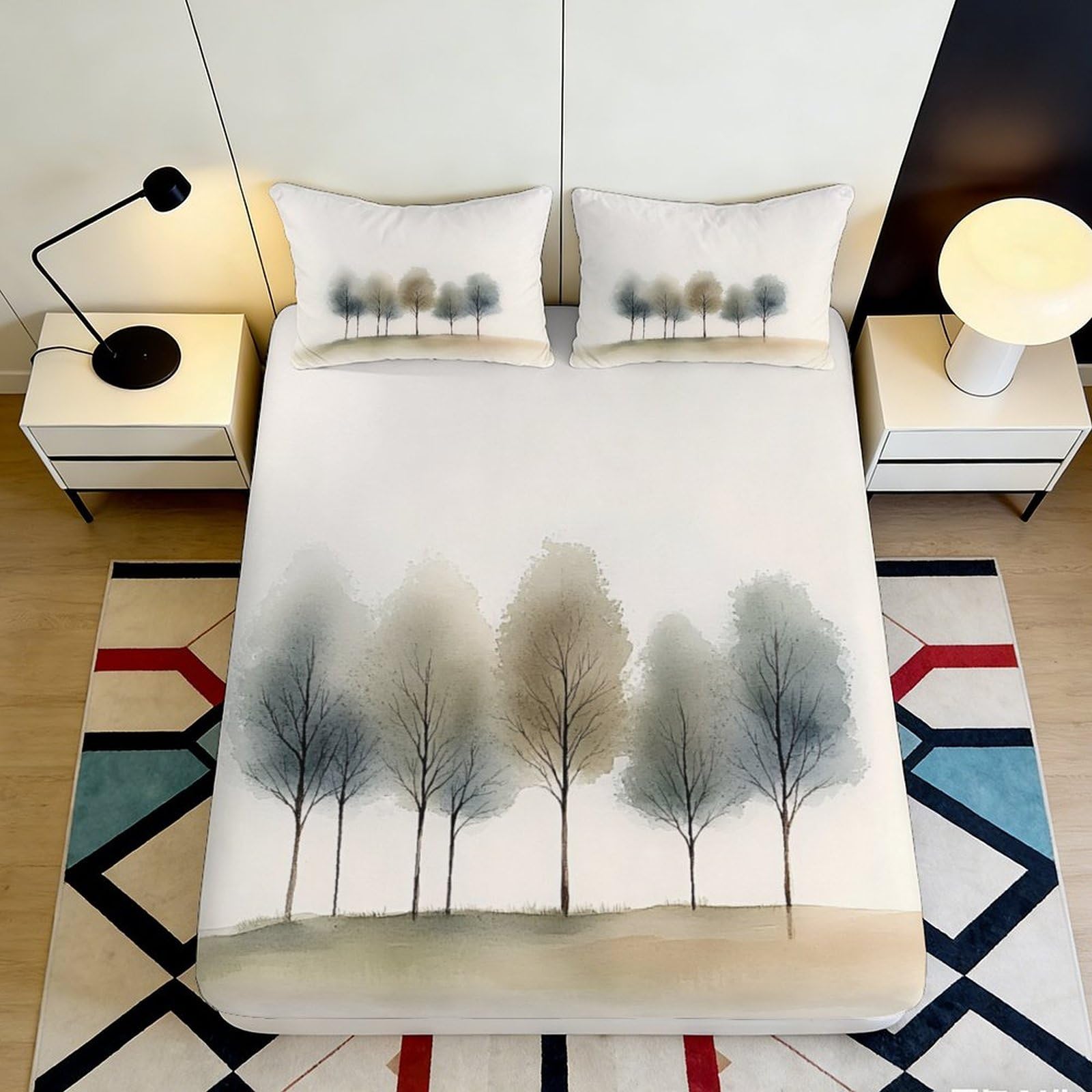 3D Printed Misty Forest Fitted Sheet Microfiber Soft Breathable Woodland Trees Mattress Cover for Bedroom Dorm Decor 120x200x25cm