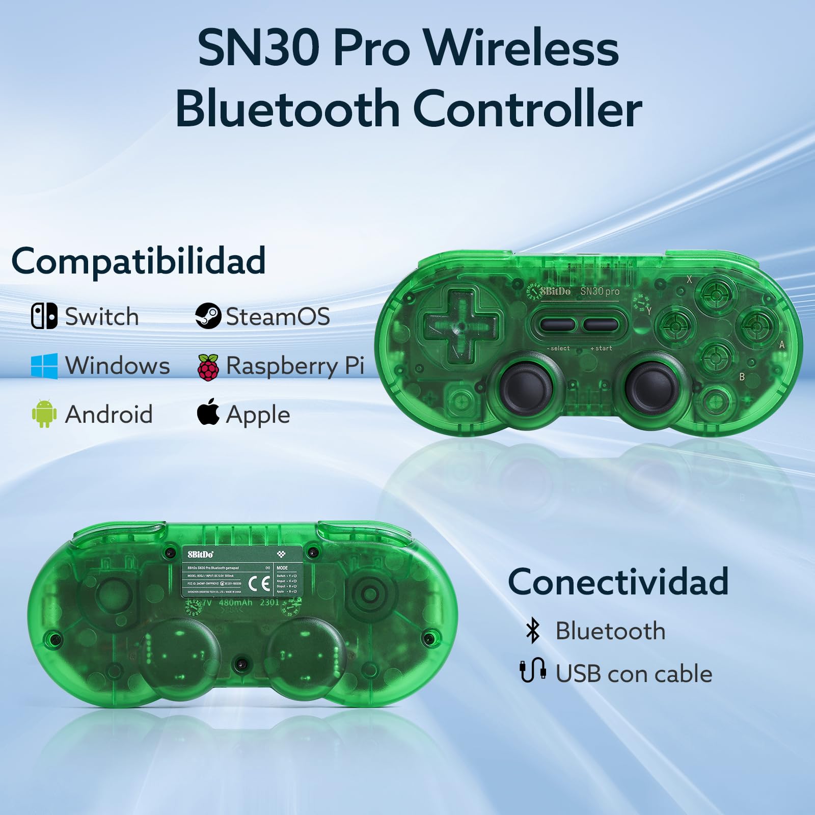 LONGYI 8BitDo SN30 Pro Mando inalámbrico Bluetooth con joysticks de efecto Hall, vibración Rumble y cable USB-C, Gamepad retro para Switch, Windows, Mac OS, Android, Steam Deck - Verde