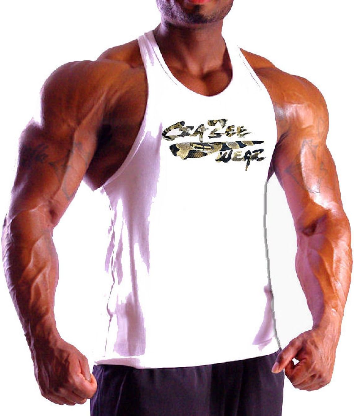 Crazee Wear Men's White Workout Bodybuilding Weight Lifting Stringer Gym Fitness Training Tank Top with Snake Design