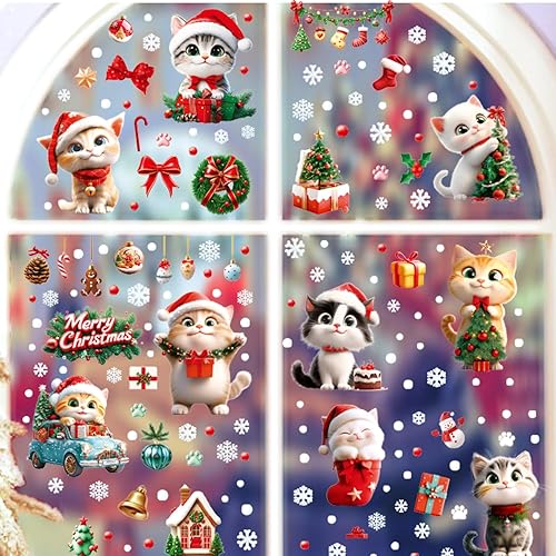 Miniatura 7 de Calcomanías de gato para ventana de Navidad, 9 hojas de decoración de Navidad, campanas de árbol de gato, calcomanías para fiestas de vacaciones