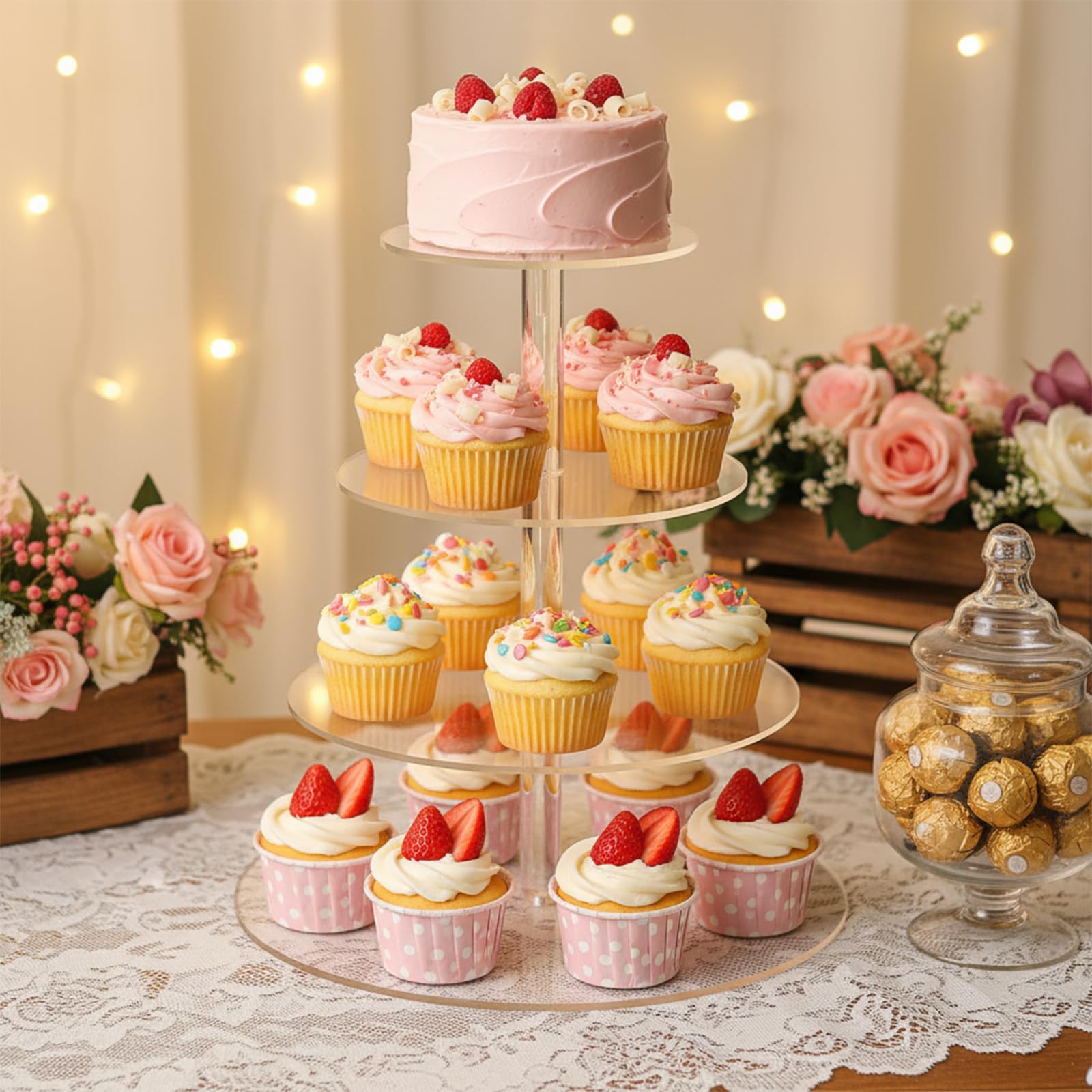 Présentoir à cupcakes chic en acrylique cristallin pour buffet de mariage