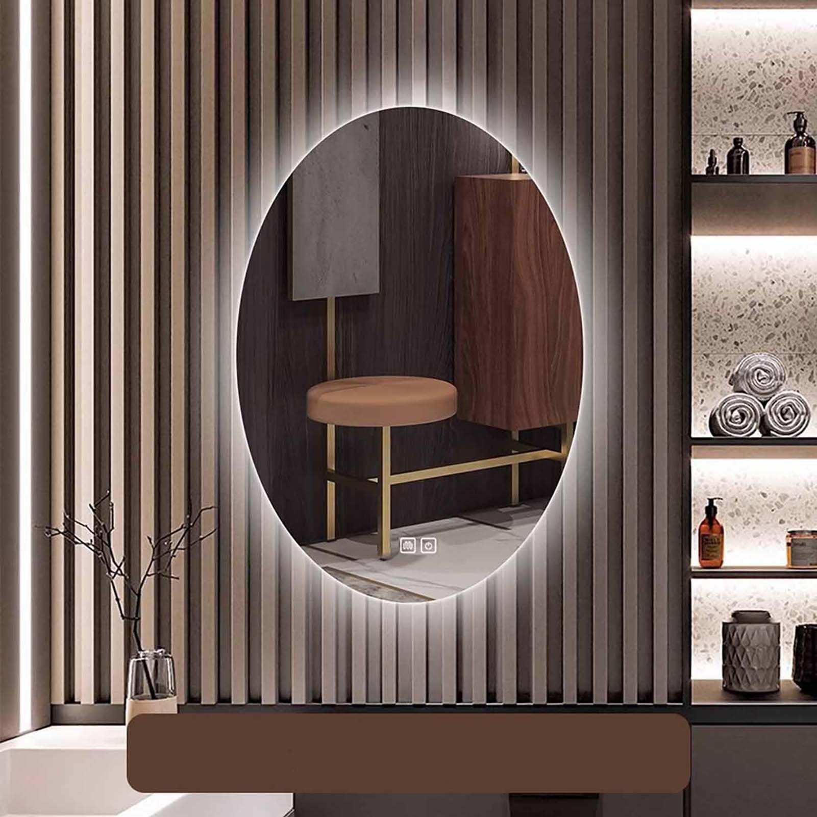 THEGA Oval Backlit LED Bathroom Vanity Mirror, Fogless Lighted With Lights 3-Color Dimmable Frameless Touch Switch Bathroom Mirror(36 * 28inch/90 * 70cm)