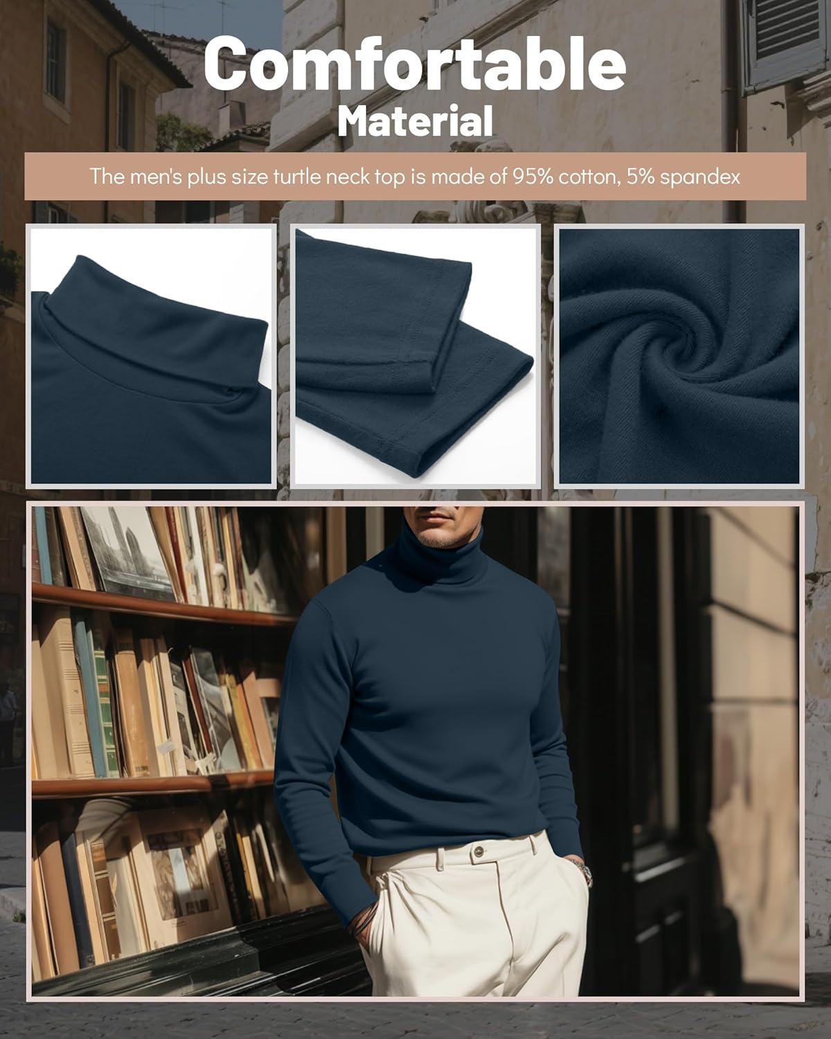 Ficerd 3 Pack Men's Big and Tall Turtleneck Shirts Cotton Long Sleeve Turtle Neck Tops Plus Size Loose Fit Basic Tee - Image 5