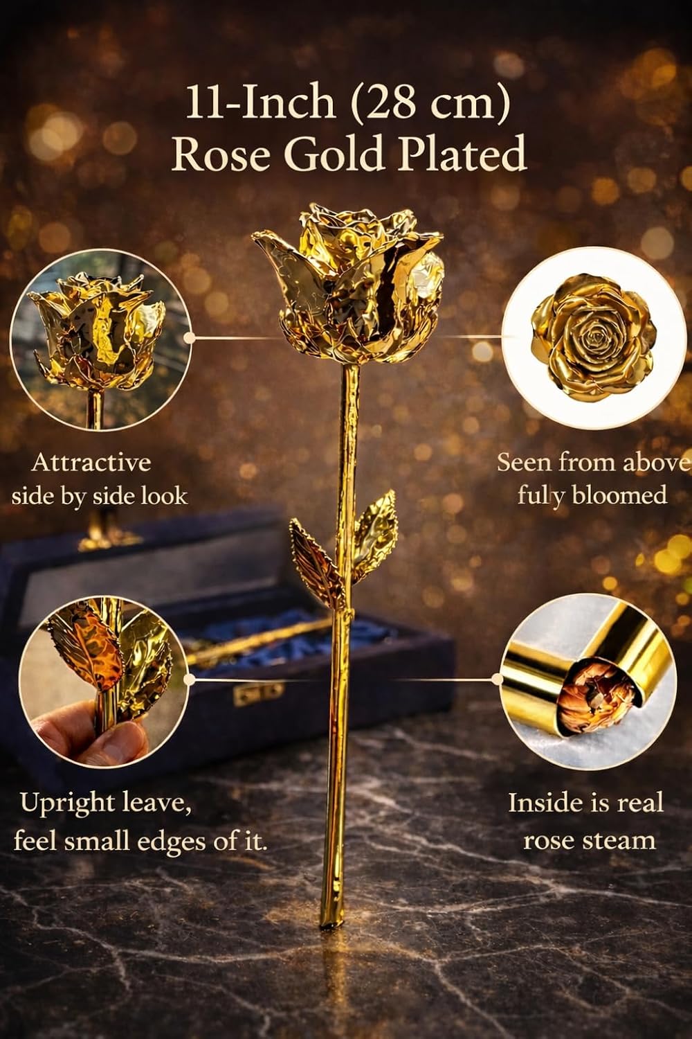 Eternal Rose 24k Gold Dipped Real Rose, 11 Inch Preserved Flower with Gift Box, Romantic Valentine's Day Gift, Anniversary Birthday Mother's Day Wedding Day, Marriage Proposal