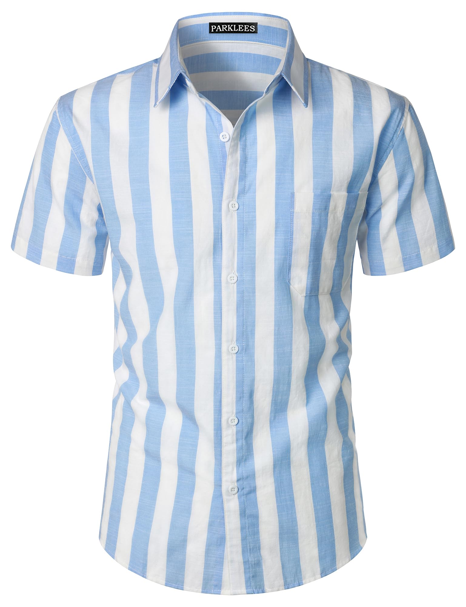 PARKLEES Camisa de verano informal de algodón y lino a rayas para hombre, camisa de manga corta con botones