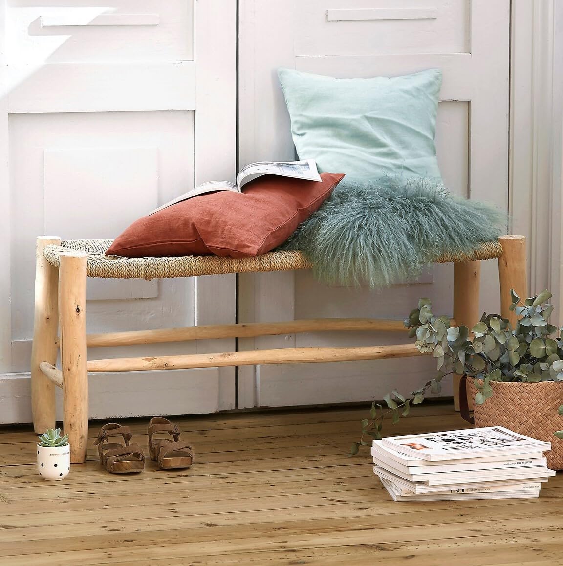 Banc Marocain en Bois Massif et Tressage naturel, Banquette d'Entrée, Fait main (Tressage croisé, 100cm)