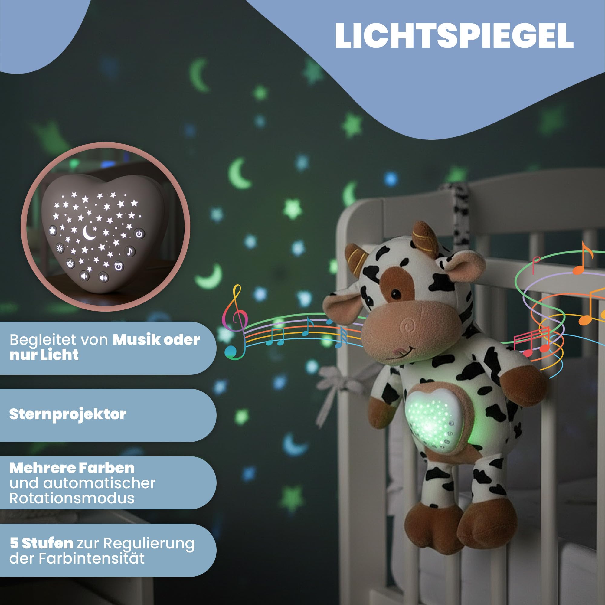 Kuschelspielzeug Kuh mit weißem Rauschen Maschine Baby & Baby Nachtlicht - USB Wiederaufladbar, Auto Timer 20/40/60 Min, Waschbar - Ideal als Spieluhr Baby Jungen und Einschlafhilfe für Babys