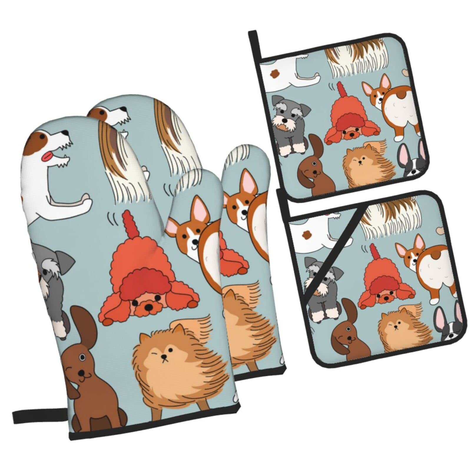 Dog Doodle Set Oven Mitts and Pot Holders Sets, Christmas Oven Mitt Kitchen Heat Resistant Non-Slip Pot Holders Set for Cooking Baking BBQ