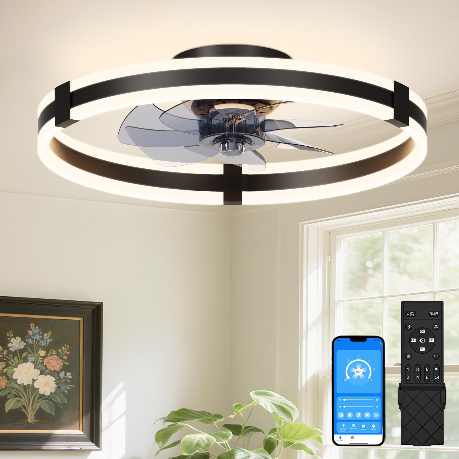 volisun ceiling fans with lights and remote, 19.7in low profile ceiling fans with light, 3000k-6500k dimmable fandelier ceiling fan, black flush mount ceiling fan for bedroom