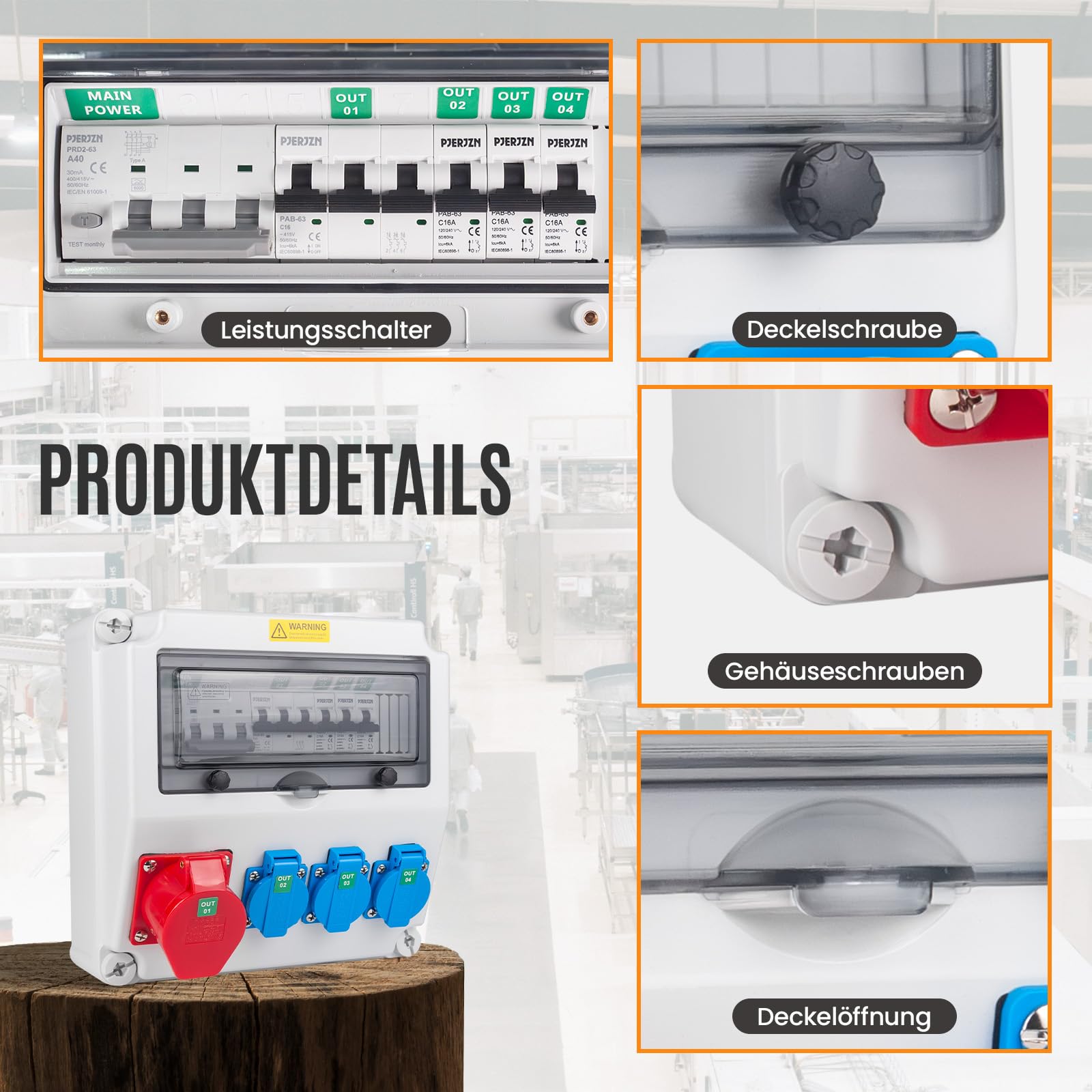 Baustromverteiler mit FI/LS RCBO Typ A 40A 30mA, Wandverteiler mit 16A CEE Steckdose,IP44 Starkstrom Verteiler für Baustelle und Werkstatt(3×16A 1P LS + 1×16A 3P LS+ 40A RCBO)