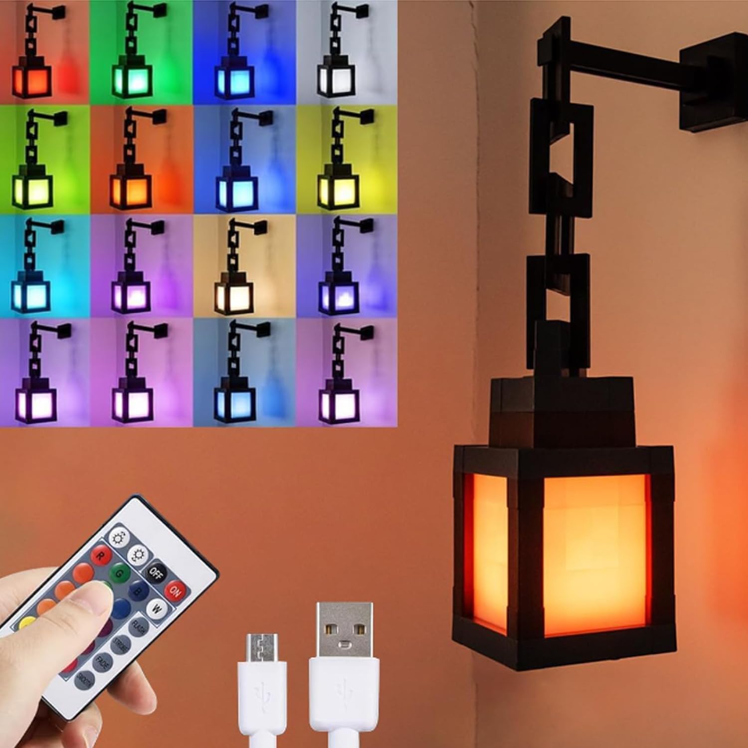 Pixelated Lantern Night Light, LED 16 Colors Changing Hanging Lantern Lamp from Minecraft - Rechargeable Wall Tabletop Night Lights for Gamer Boys Girls Man Bedroom Game Room Wall Decor, Gift