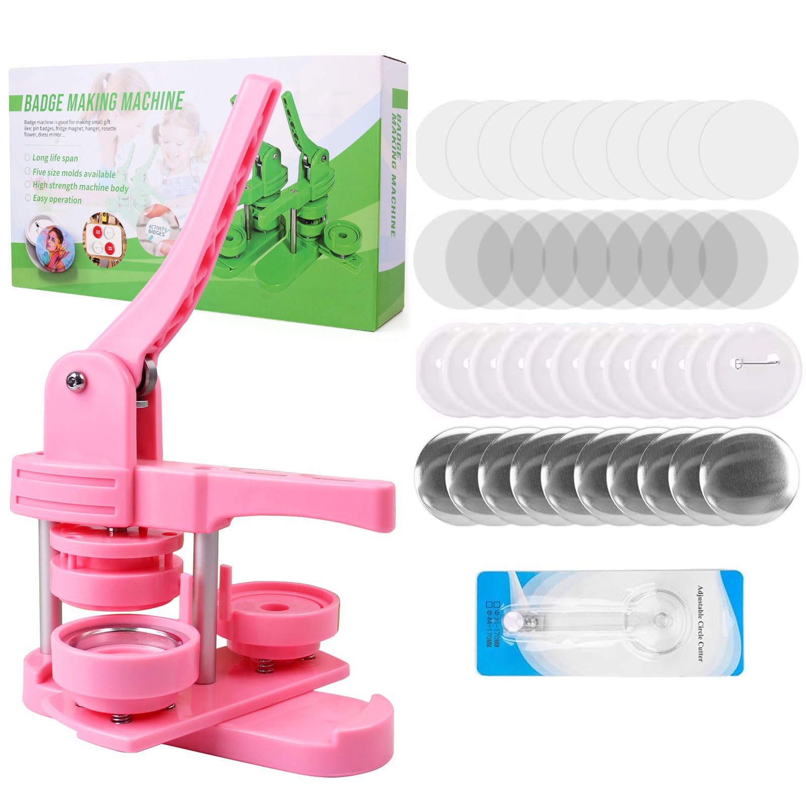 UIOK Machine à Badges, 3 In 1 Machine à Bouton Rose Machine à Fabriquer des Badges, Badge Maker Avec Bouton Moules et Cutter DIY Presse Badge pour Fabrication Personnalisation de Badges (Rose