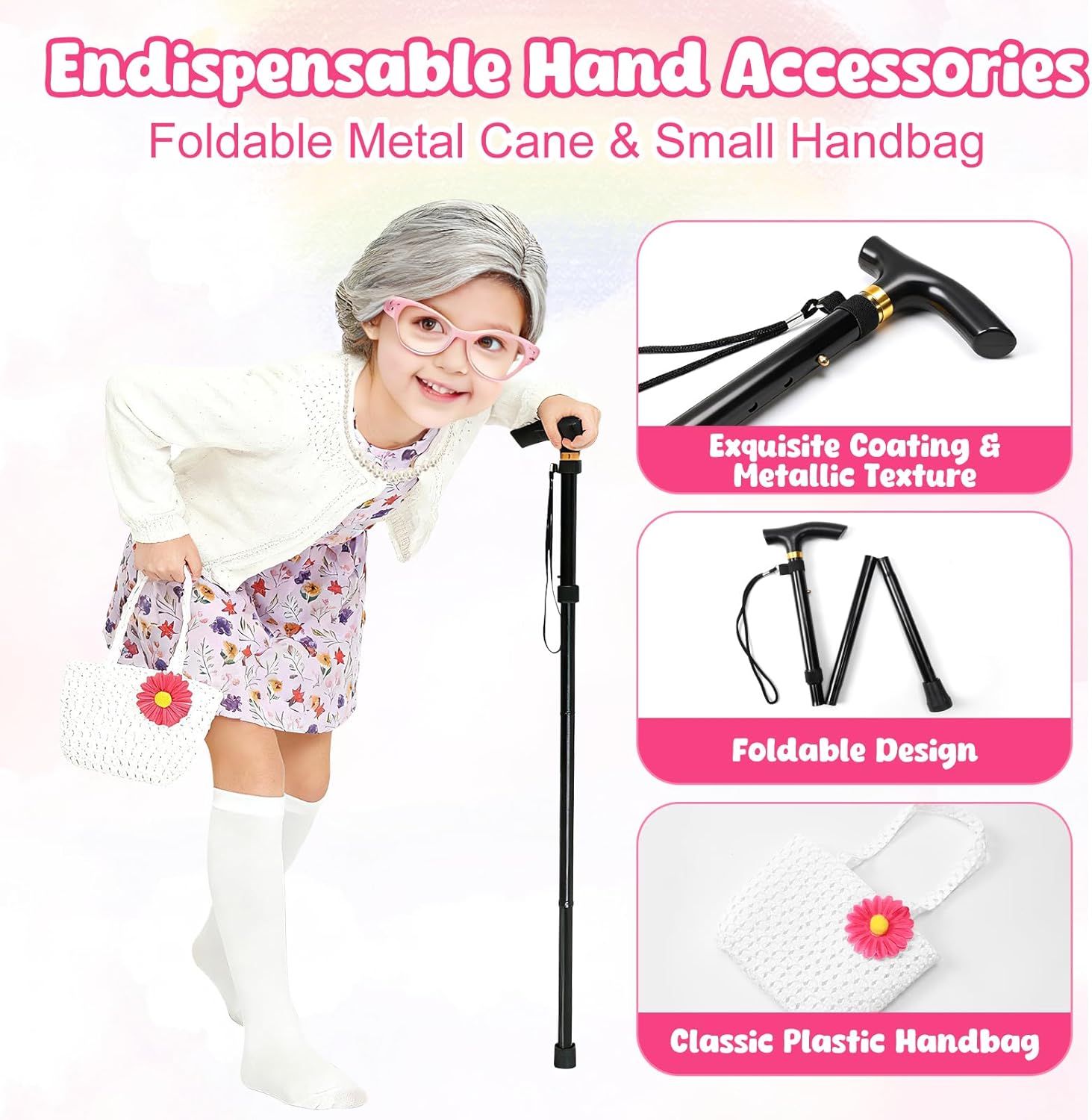 PJT 100 Days of School Girls Old Lady Costume for Kids,Grandma Dress up Granny Wig Glasses Cane for Toddler Cosplay - Image 3