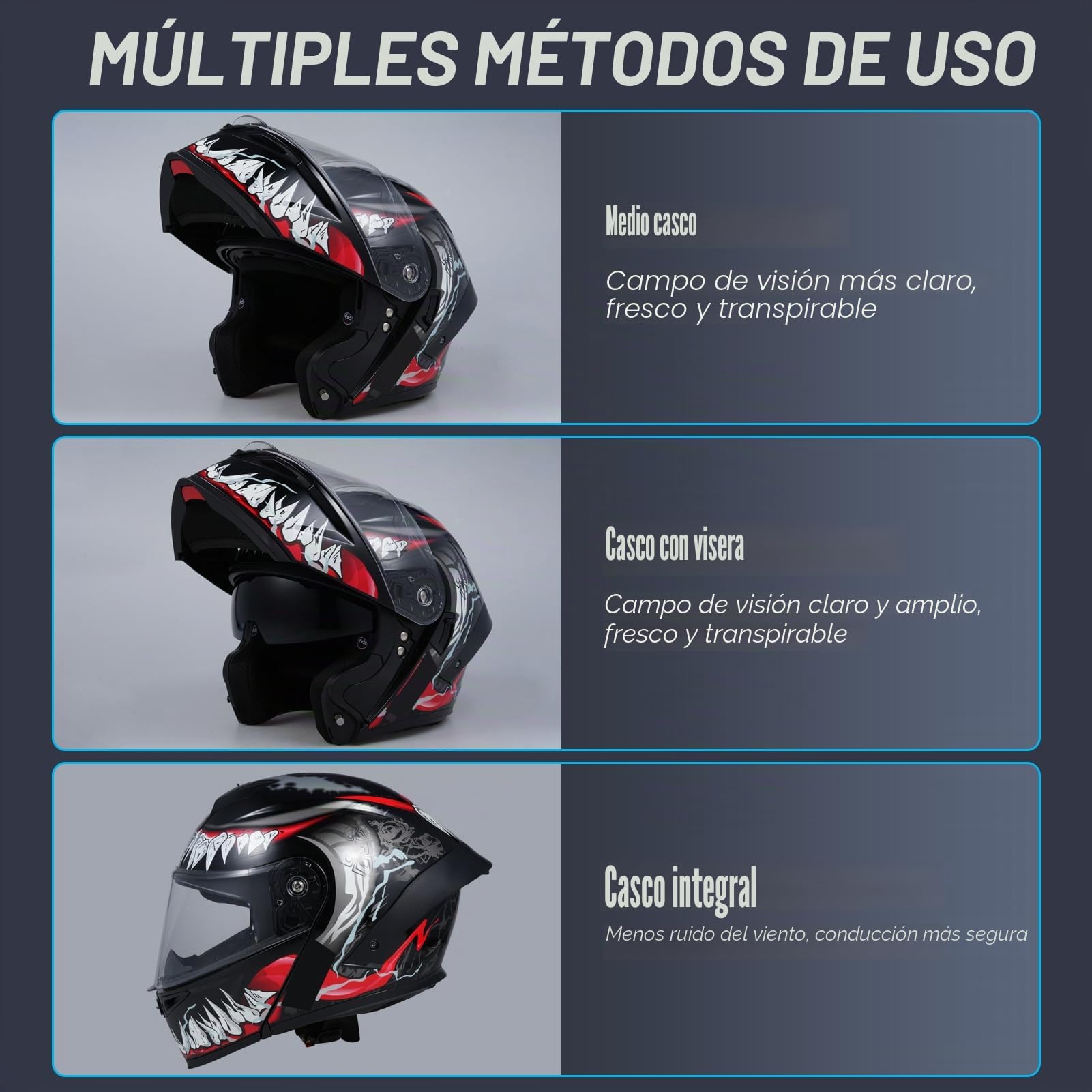 Casco integral modular ligero plegable con doble visera y luz trasera LED recargable, para adultos, hombres y mujeres, L