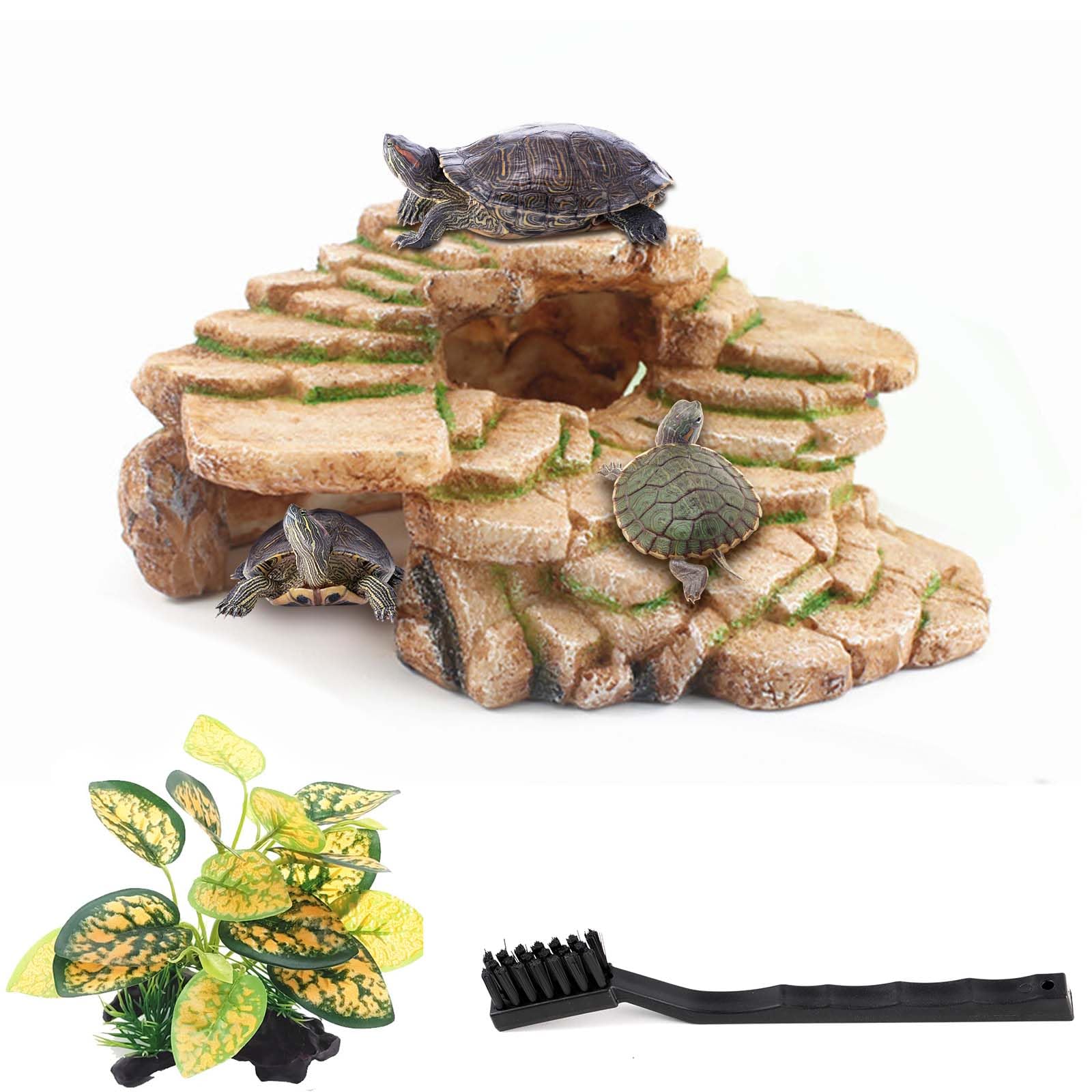 Turtle Basking Platform Kit, Reptile Habitat Hideout, Decorative Resin for Aquarium & Terrarium, Including Artificial Plant and Cleaning Brush.(C-Medium-Yellow)
