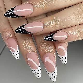24 Stück Künstliche Nägel Zum Aufkleben - French Mandel Press On Nails mit Polka Dot, Schwarz Französisch Full Cover Nagel Tips Set, Glänzend Wiederverwendbar Fingernägel Für Frauen Alltag Party