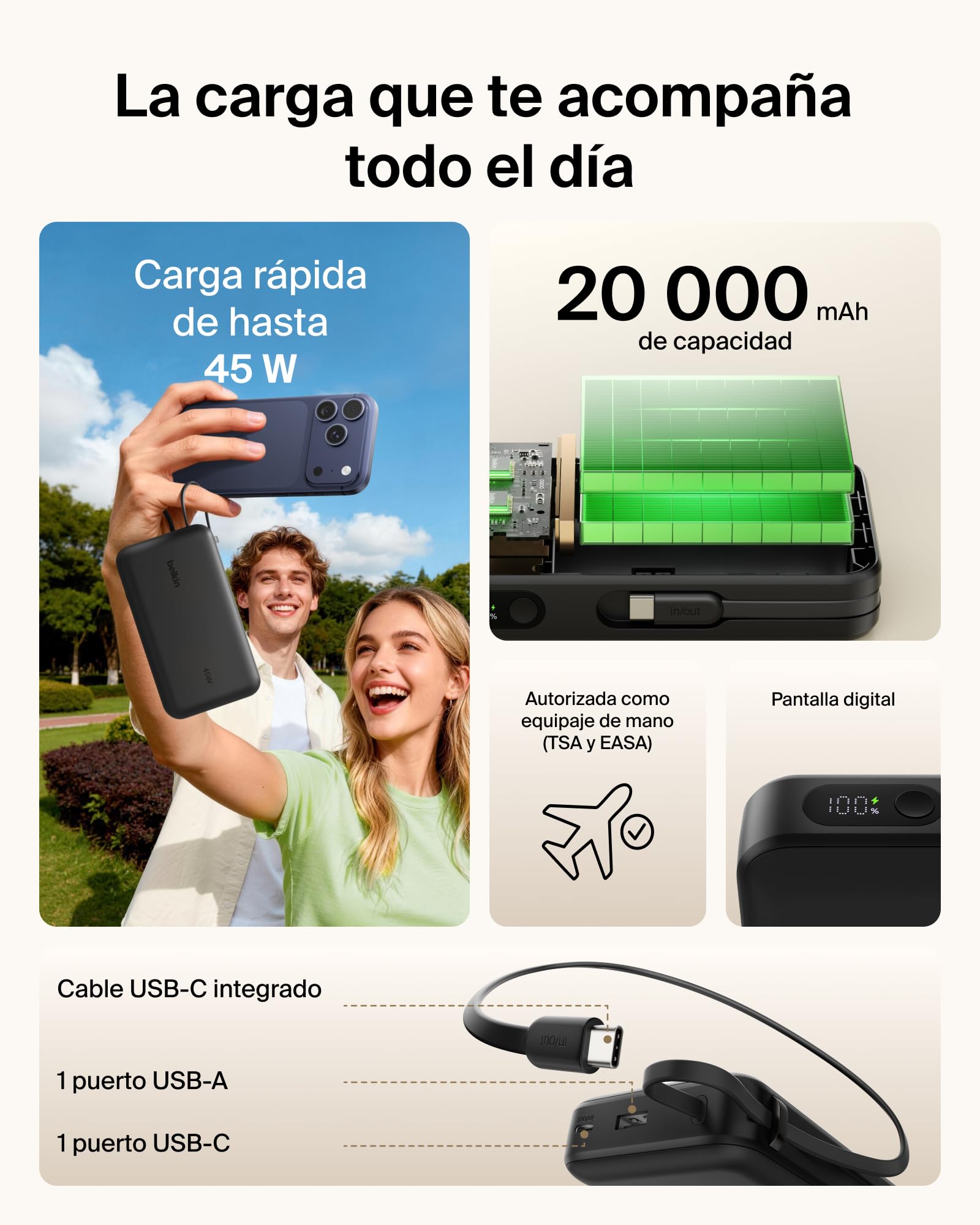 Belkin UltraCharge Batería Externa 20000 mAh Cable USB-C y Pantalla - Negro | Power Bank de 20000 mAh, 1 Puerto y 1 cable USB-C, 1 Puerto USB-A, 45 W, LED, Apta como Equipaje de Mano y con Pantalla