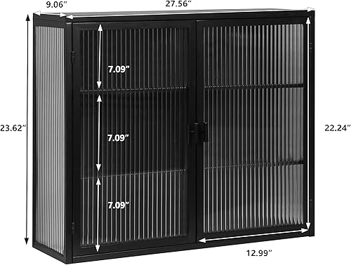 Miniatura 2 de Gabinete de pared de doble puerta de cristal estilo retro con estantes desmontables para oficina, comedor, sala de estar, cocina y baño, color negro