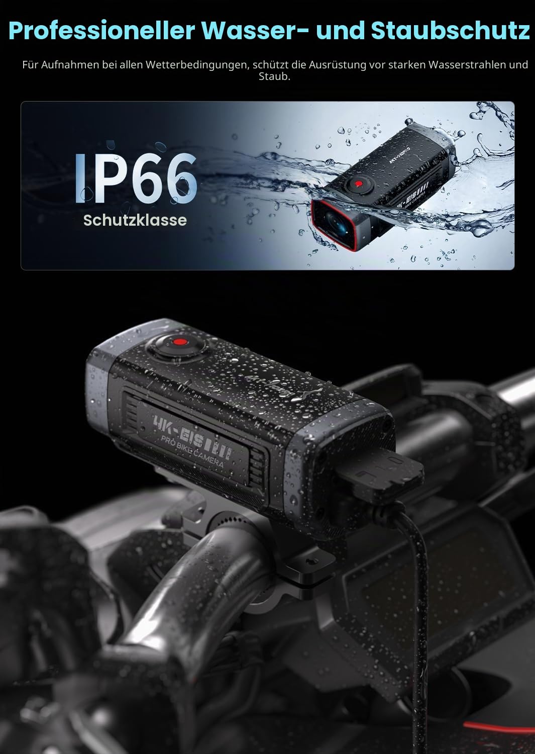 AKEEYO-710Pro EIS Fahrradkamera, 4K28FPS 20MP WiFi Action Kamera mit IP66 Ultra HD wasserdichte Kamera, 142° Weitwinkelansicht mit 64GB Karte, Upgrade Anti-Shake Funktion mit Nachtsicht,G-Sensor,GPS