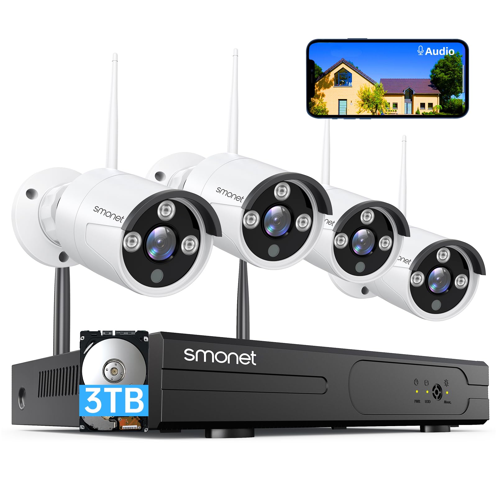Wireless Security Camera System,SMONET 1080P 8 Channel Home Surveillance DVR Kits with 4pcs 2MP Full HD Cameras 3TB HDD Night Vision Motion Detection Free App for Indoor Outdoor 24/7 Video Recording