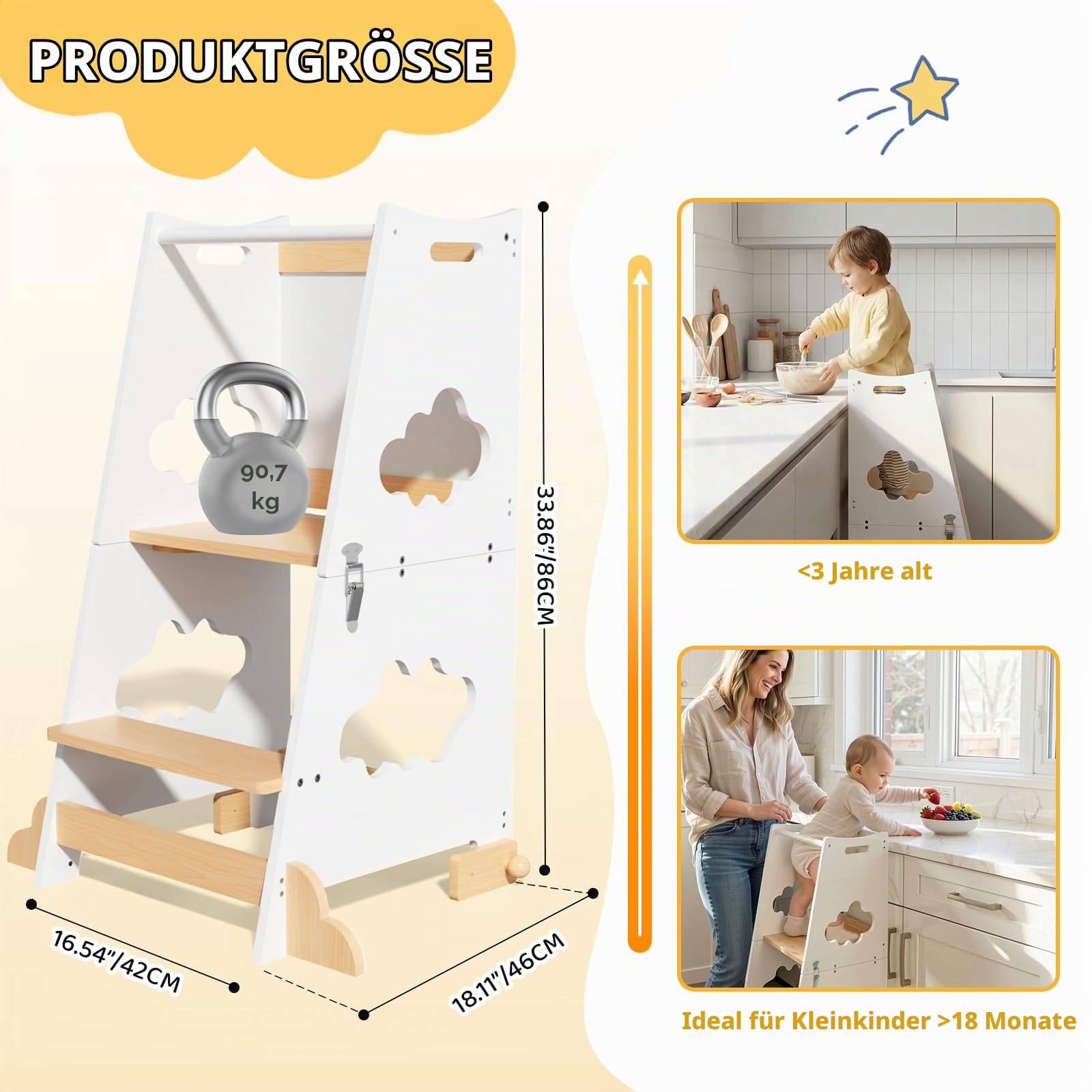 KIDINIX Lernturm ab 1 Jahr, 3 in 1 Montessori Learning Tower mit Sicherheitsgeländer und Tafel, Klappbarer Lernstuhl Kinder mit Tischfunktion für Küche, Bad (Natur & Weiß)