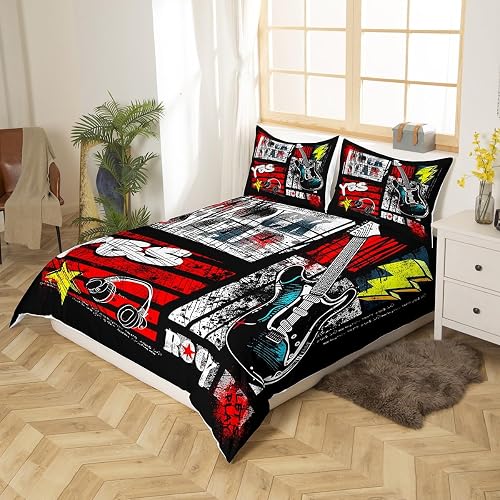 Miniatura 2 de Manfei Juego de funda de edredón con diseño de rock roll, juego de ropa de cama de 3 piezas con estampado de auriculares y guitarra, para decoración