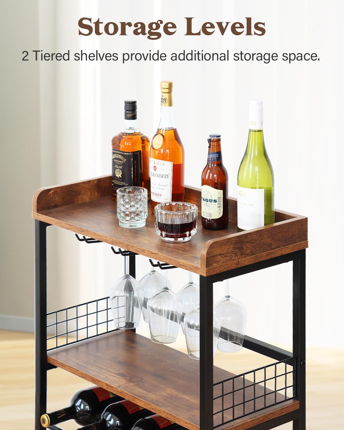 KATHY&BOB Morden Wood Wine Rack Freestanding Floor, 5-Tier Wine Storage Shelf with Wobble-Free Countertop, 20-Bottle Stackable Wine Glass Holder Rack for Home Bar Kitchen Dining Room (Brown, Small)
