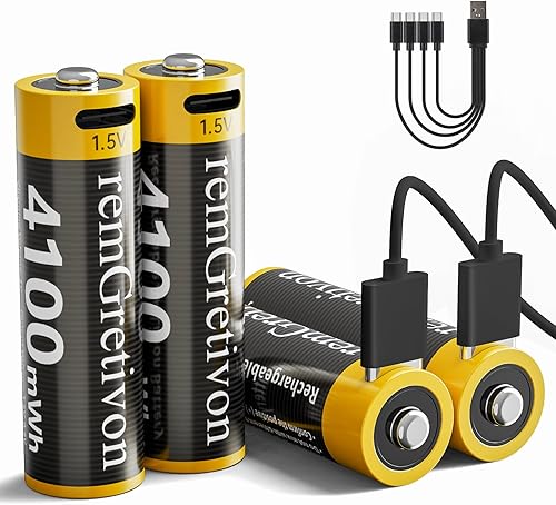 Paquete de 4 baterías AA recargables por USB, incluye cable USB-A a USB-C 4 en 1, iones de litio de 4100 mWh, 1.5 V, 1500 ciclos de recarga USB C