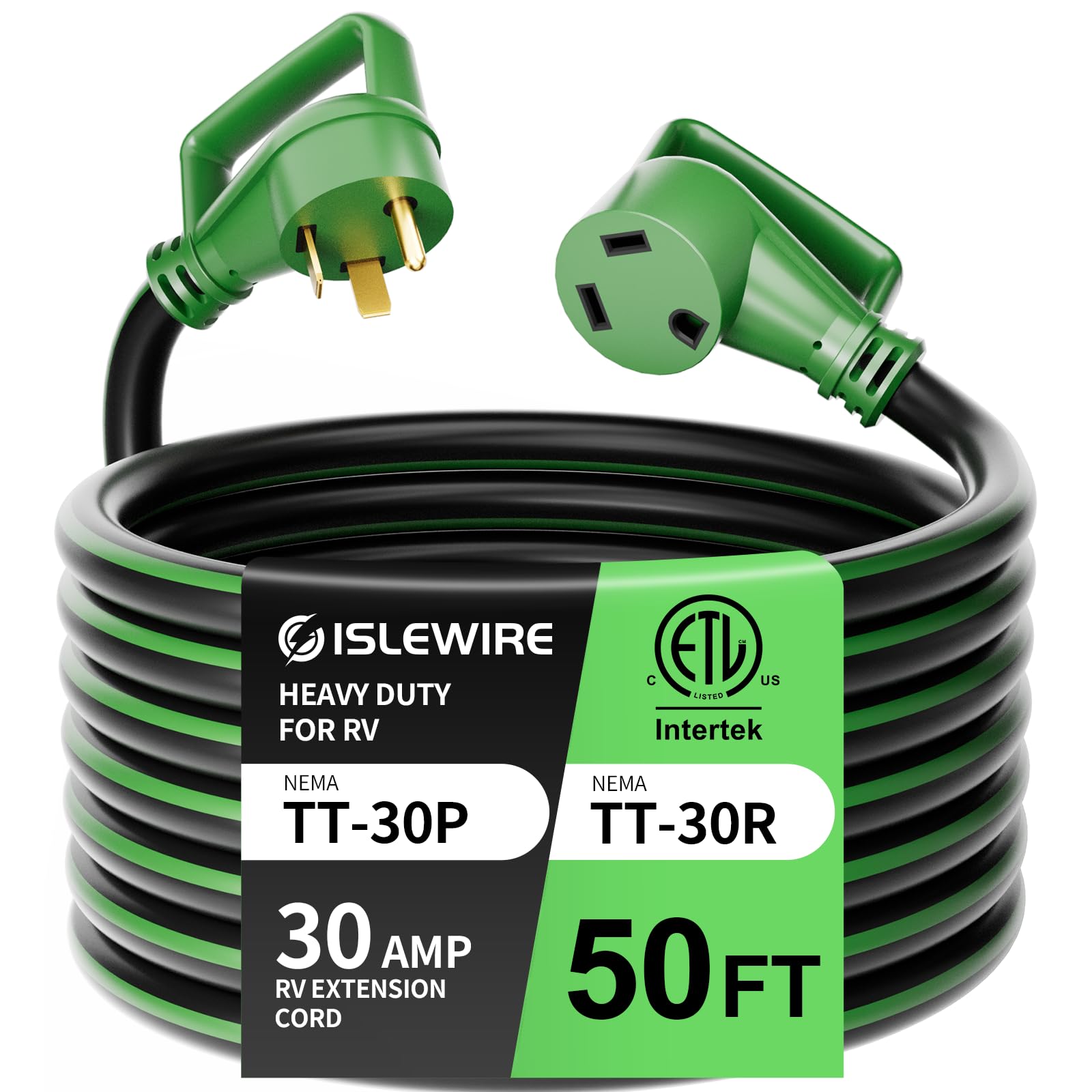 Cable de extensión para RV de 30 amperios, 50 pies con mango de agarre, calibre 10 resistente, cable STW, de cobre puro, para RV, NEMA TT-30P/R con organizador de cables para caravanas,