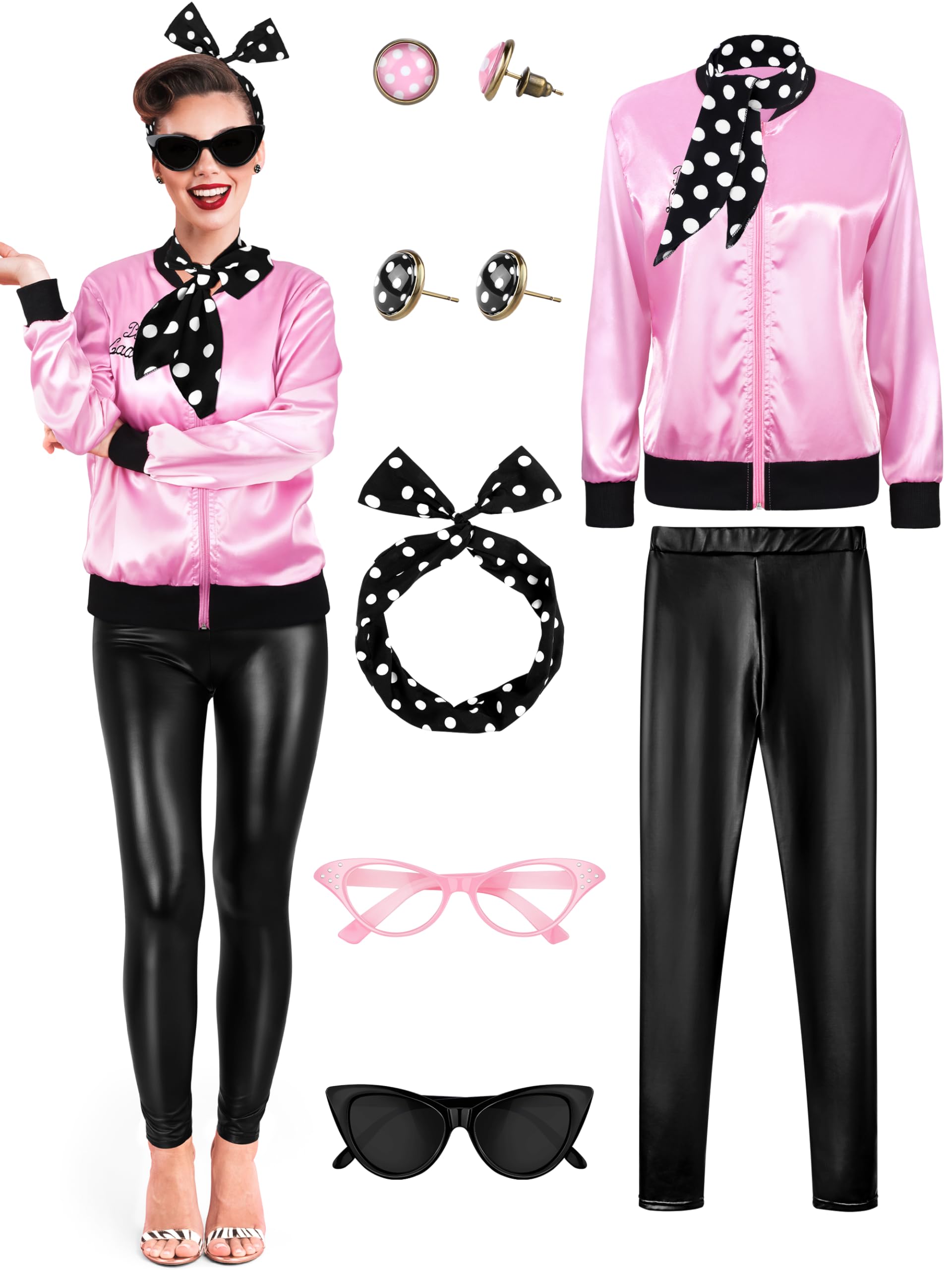 SOMSOC 1950s Pink Satin Jacket with Pant Polka Dot Scarf Headband Earrings and Cat Eye Glasses Halloween Cosplay Costume Set