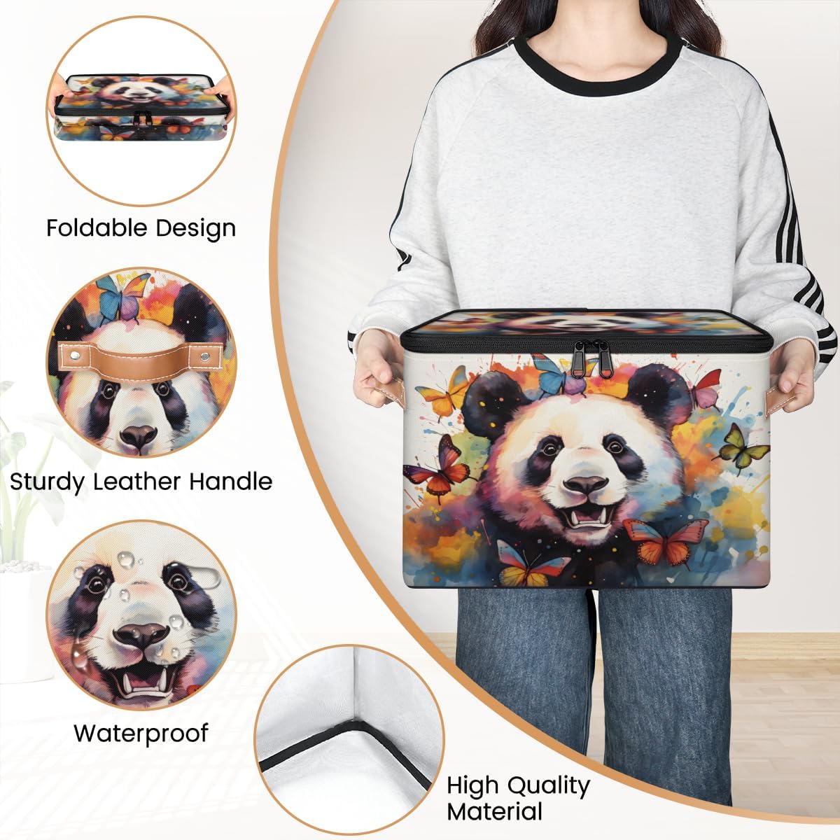 Storage Bin Set of 2 Rainbow Butterfly Panda Storage Basket with Zipper Lid & Handle Foldable Closet Shelf 2 Pack Cloth Organizer Basket Cube Bins Clothes Organizer for Bedroom, Nursery