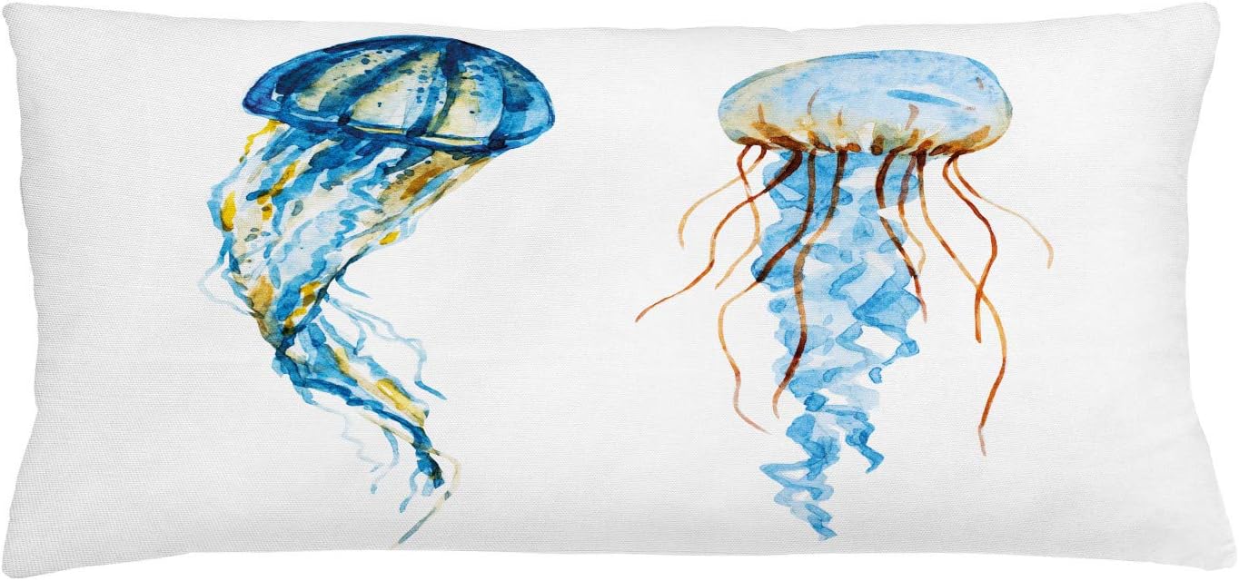 AmbesonneJellyfish Throw Pillow Cushion Cover, Jellyfish Exotic Sea Ocean Creature Aquatic Animals Watercolor Raster Graphic, Decorative Rectangle Accent Pillow Case, 36" X 16", Blue
