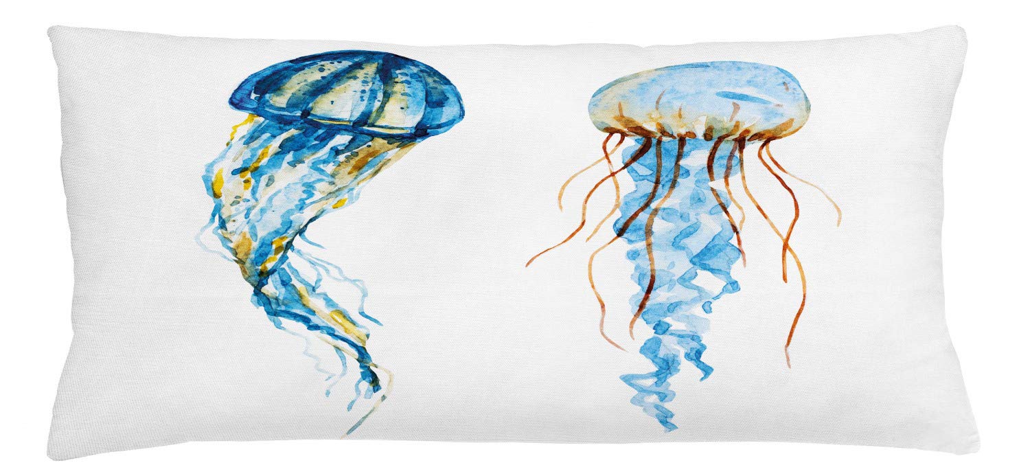 AmbesonneJellyfish Throw Pillow Cushion Cover, Jellyfish Exotic Sea Ocean Creature Aquatic Animals Watercolor Raster Graphic, Decorative Rectangle Accent Pillow Case, 36" X 16", Blue