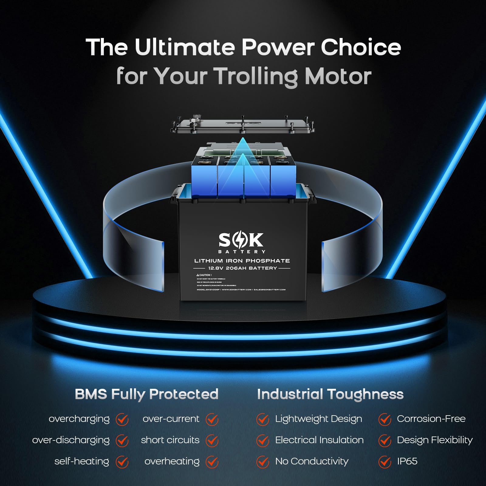 SOK Battery Marine Grade 12V 206Ah LiFePO4 Battery,Sealed Plastic Box