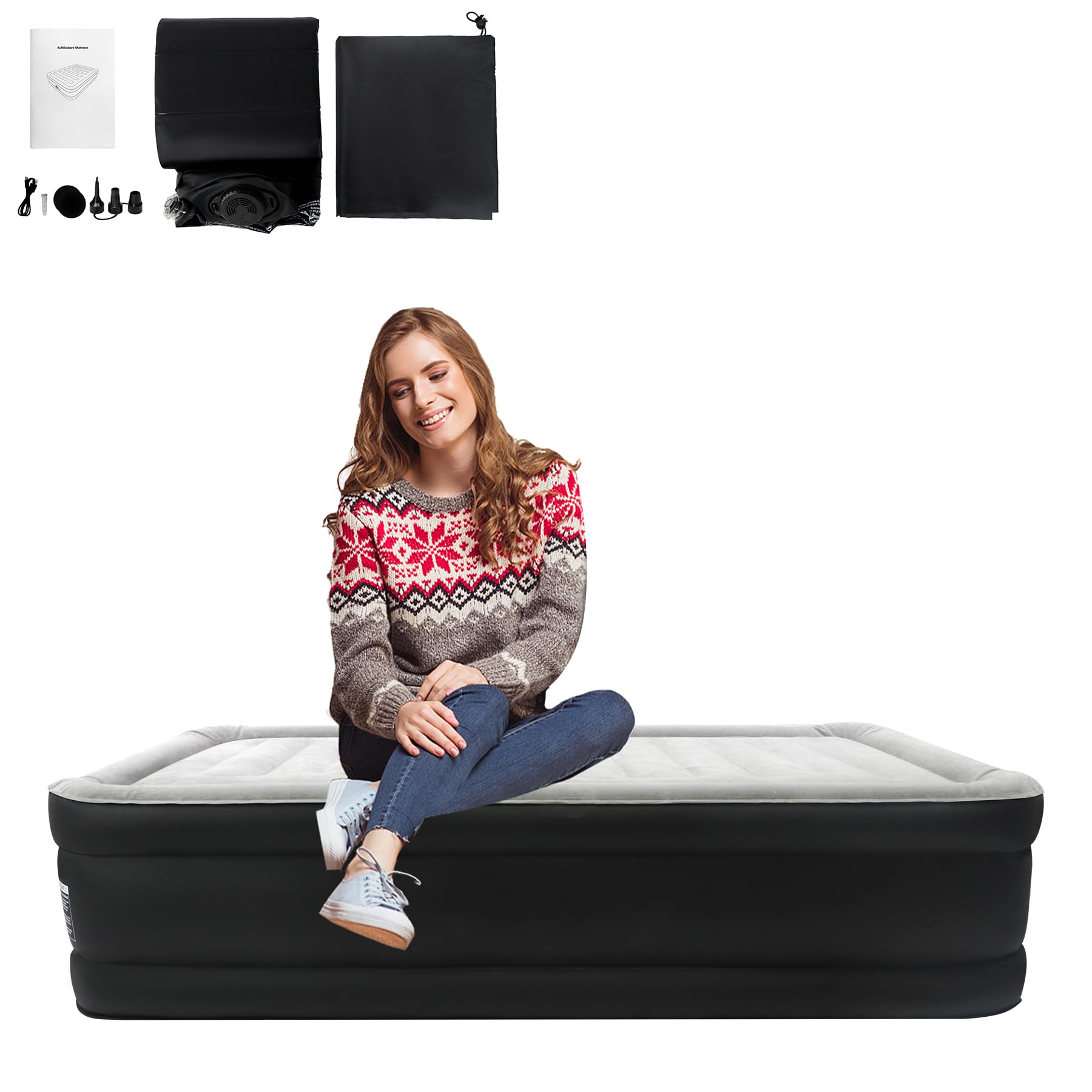 LARS360 Materasso ad aria autogonfiabile, materasso gonfiabile con pompa ad aria, 187 x 90 x 46 cm, adatto per 1 persona, letto ad aria inclusa, borsa per il campeggio/a casa, fino a 300 kg, nero e