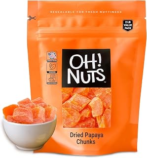 OhNuts Dried Papaya Chunks 2lb - Less Sugar Added Dehydrated Tropical Fruit Bites in Resealable Zip Bag