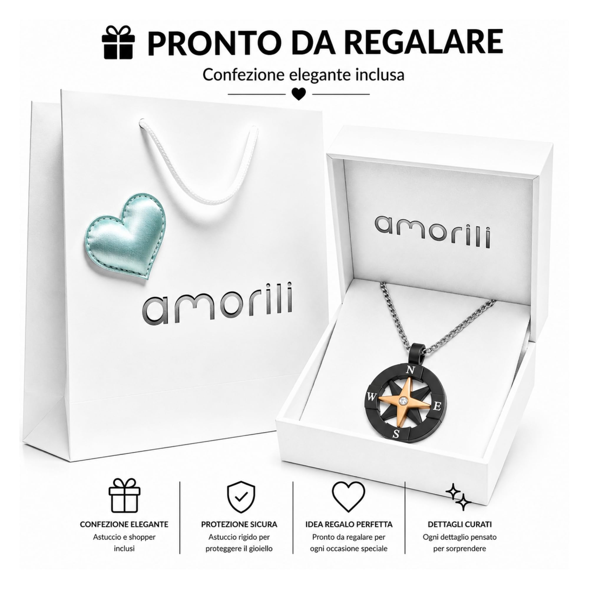 Collana Uomo Rosa dei Venti con Bussola in Acciaio Inox – Ciondolo Nautico con Zircone Bianco – Catena Resistente Vari Colori – Gioiello Uomo Elegante Stile Marino Regalo per Lui