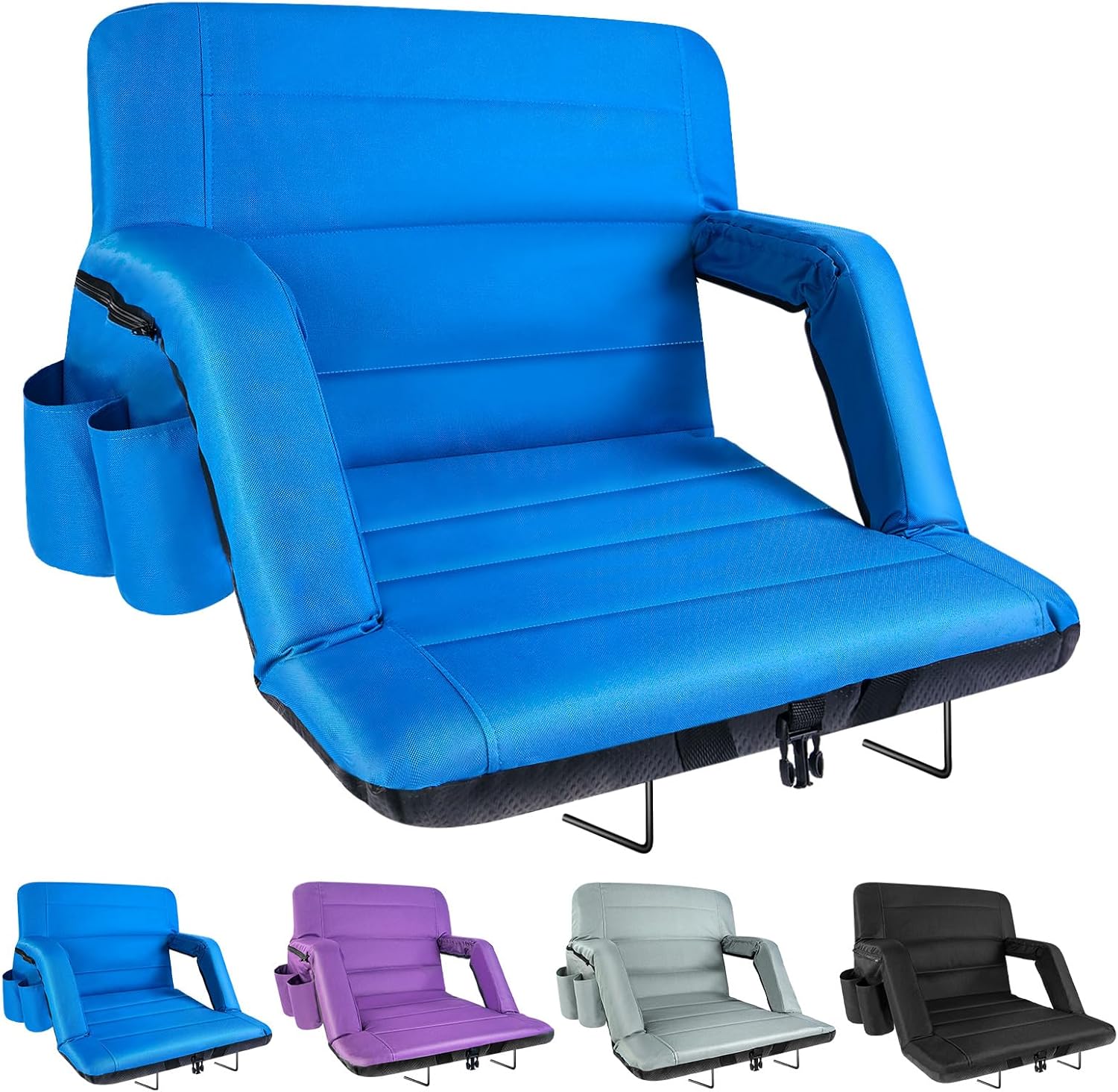 Stadium Seats with Back Support Wide, Exclusive Bleacher Chairs with Back and Cushion Folding Stadium Chairs, 6 Reclining Positions Waterproof Bleacher Seats with 2 Hooks (Wide|22.5" Blue) Wide|22.5" Blue 1